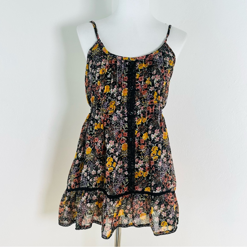 Y2K Babydoll Cami Tank Womens Medium Cottagecore Dark Floral Lace